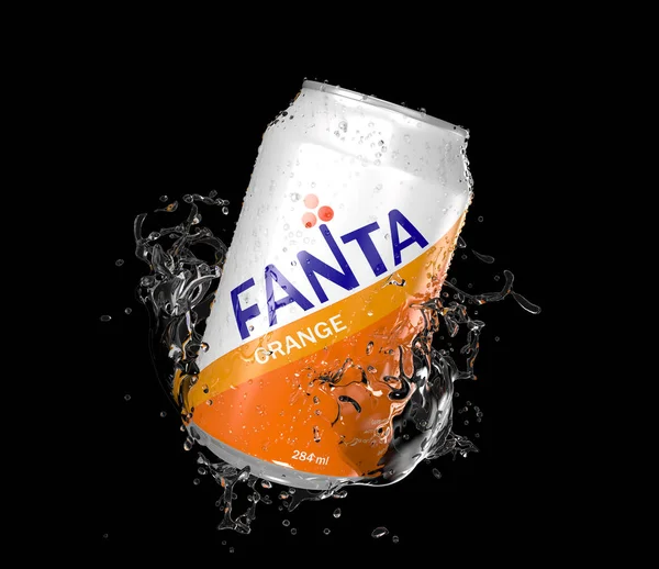 Fanta Orange Vintage Kann Schwarz Spritzer Isoliert Auf Weißem Hintergrund — Stockfoto