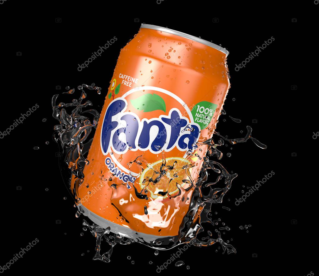 Fanta Orange Vintage can Black splash isolated on white background 3D illustration