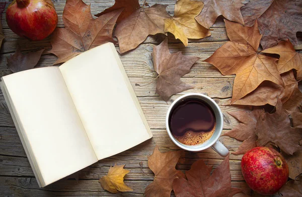 Alter Holztisch Mit Offenem Buch Und Leeren Seiten Trockenem Herbstlaub — Stockfoto