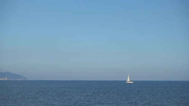 Belo veleiro flutua em ondas de mar calmas . — Vídeo de Stock