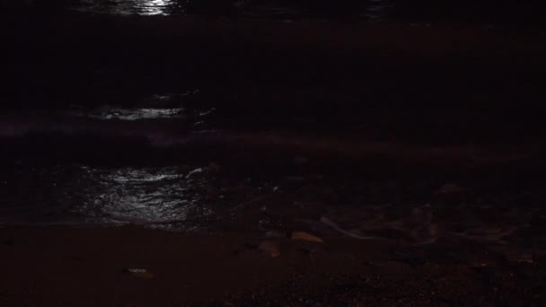 Olas de agua y playa nocturna en luz de luna . — Vídeo de stock