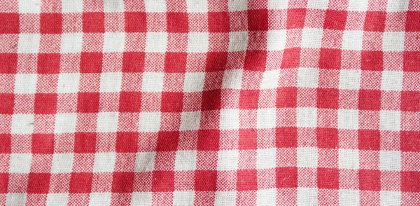 红色亚麻野布野布。方格野餐毯的纹理. — 图库照片