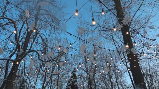 Weihnachtsgirlanden und Schnee in Zeitlupe bei schönem Tag, 240 fps. — Stockvideo