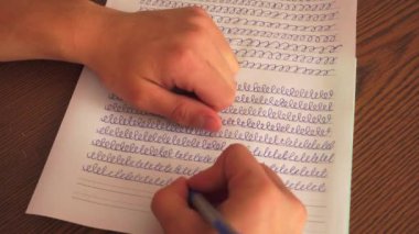 Genç okul çocuğu ödevini yapıyor, yazma becerilerini öğretiyor..