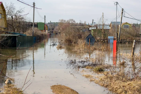 Overstroomd Zomerhuisjes Huizen Tijdens Lente Hoog Water April — Stockfoto