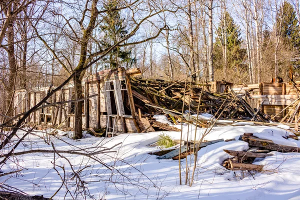 Lebontották Fából Készült Szerkezet Téli Erdő Területén Oroszország Egykori Úttörő — Stock Fotó