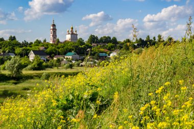 Boris kilise ve Gleb ve arka planda sarı çim, Borovsk şehir imar görünümü