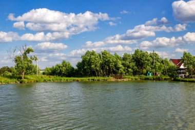 Gölet köyün Uvarovskoe görünümünü yaz parlak günde, Rusya Federasyonu