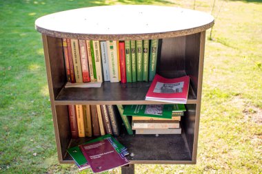 Sovhoz Borovskiy, Rusya - Ağustos 2018: Kitaplar Street Kütüphane eski ile Köyü, Sovhoz Borovskiy içinde Kaluzhskiy bölge