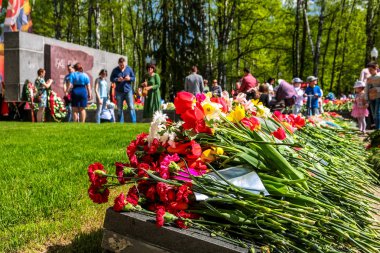 OBNINSK, Rusya - 9 Mayıs 2016: Zafer günü, Büyük Vatanseverlik Savaşı 1941-1945 kutlama. Çiçekler anma töreninde 