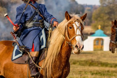 Maloyaroslavets, Rusya - 14 Ekim 2018: Maloyaroslavets savaş 1.812 tarihsel yeniden inşası