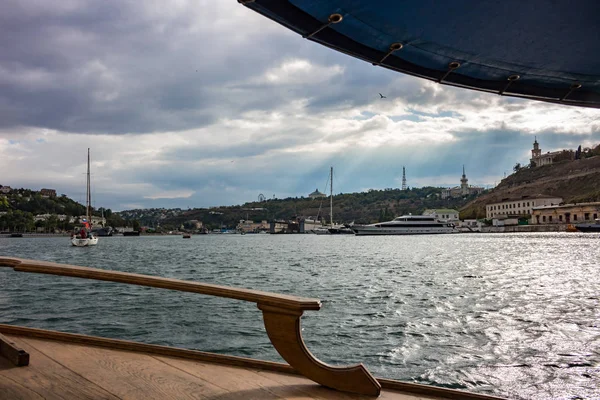 A walk on a tourist boat in the Sevastopol Bay (Black Sea)
