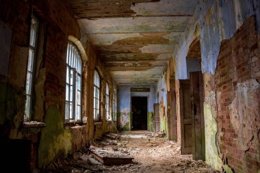 Terk edilmiş Gurievskaya tarım Okulu. Yüzyıl sonlarında 19 bina. Köy, Solovjinye Zori, Kaluzhskiy bölgesi, Maloyaroslavetskiy bölgesi, Rusya Federasyonu