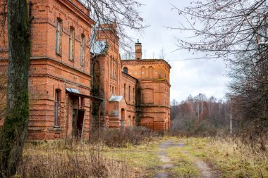 Terk edilmiş Gurievskaya tarım Okulu. Yüzyıl sonlarında 19 bina. Köy, Solovjinye Zori, Kaluzhskiy bölgesi, Maloyaroslavetskiy bölgesi, Rusya Federasyonu