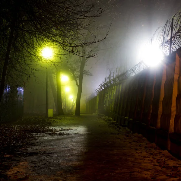 Стежка Вздовж Паркану Колючим Дротом Під Час Густого Туману Вночі — стокове фото