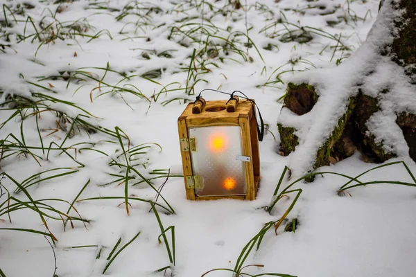 Wooden lantern candlestick in the winter forest