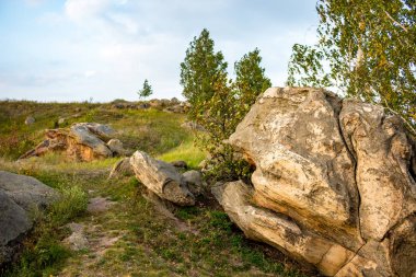 Kutsal taşların Krasnogorye köyü alanında. Doğa anıtı Cadılar taşlar. Krasivaya Mecha Nehri Vadisi. Tula region, Rusya Federasyonu