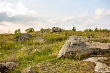Kutsal taşların Krasnogorye köyü alanında. Doğa anıtı Cadılar taşlar. Krasivaya Mecha Nehri Vadisi. Tula region, Rusya Federasyonu