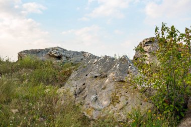 Kutsal taşların Krasnogorye köyü alanında. Doğa anıtı Cadılar taşlar. Krasivaya Mecha Nehri Vadisi. Tula region, Rusya Federasyonu