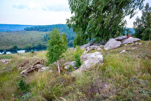 Sacred stones in the area of the village of Krasnogorye. The nature monument Witches stones. The valley of the Krasivaya Mecha River. Tula region, Russia