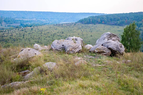 Sacred stones in the area of the village of Krasnogorye. The nature monument Witches stones. The valley of the Krasivaya Mecha River. Tula region, Russia