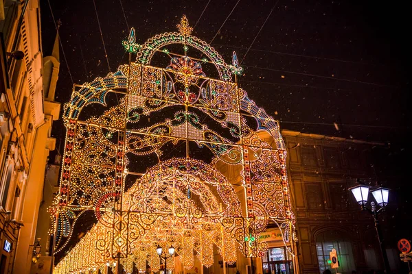 Moskwa Rosja Stycznia 2016 Światło Łuki Nikolskaya Street Boże Narodzenie — Zdjęcie stockowe