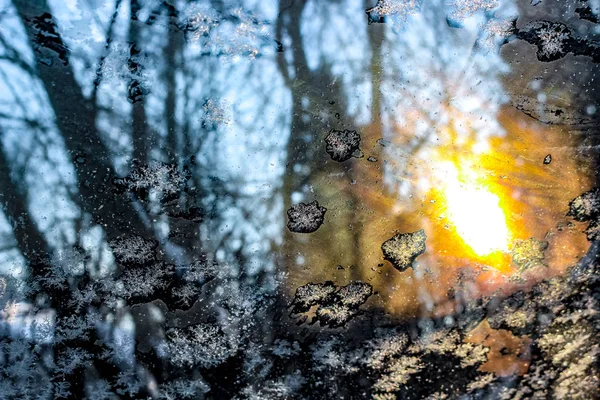 Fevereiro Padrões Gelados Nas Janelas Carro Vidro Gelado — Fotografia de Stock