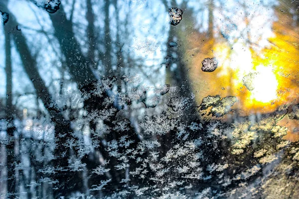Февральские Морозные Узоры Стеклах Автомобиля Ледяное Стекло — стоковое фото
