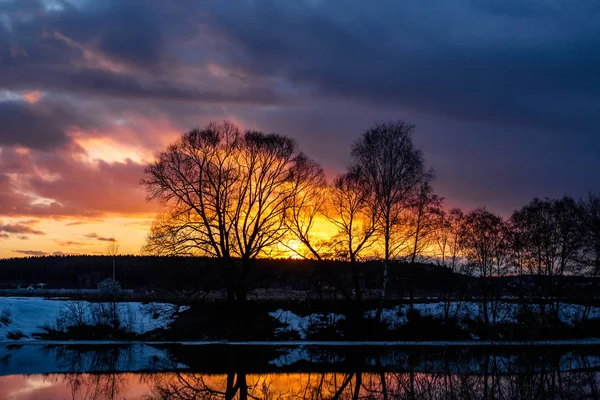 Coucher Soleil Panoramique Sur Les Arbres Dessus Rivière Ciel Coloré — Photo