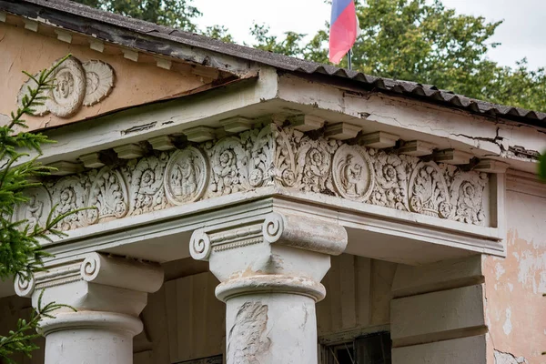 Stucco molding on the subject of the myths of ancient Greece on the wing of the Avchurino estate of 18-19 centuries near Kaluga. Ferzikovsky District, Kaluzhskiy region, Russia - July 2019