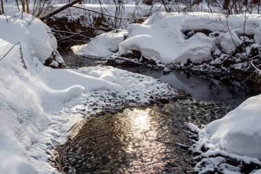 Ormanda kışın beyaz karların arasında akan küçük bir nehir manzarası.