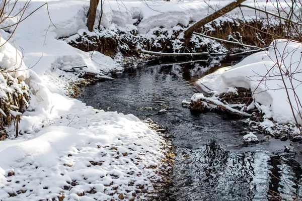 Widok Małej Rzeki Lesie Biegnącej Zimą Wśród Białego Śniegu — Zdjęcie stockowe
