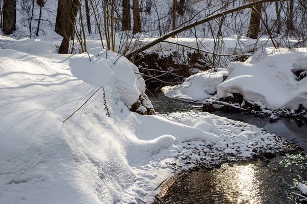 View of a small river in the forest running in the winter among white snow