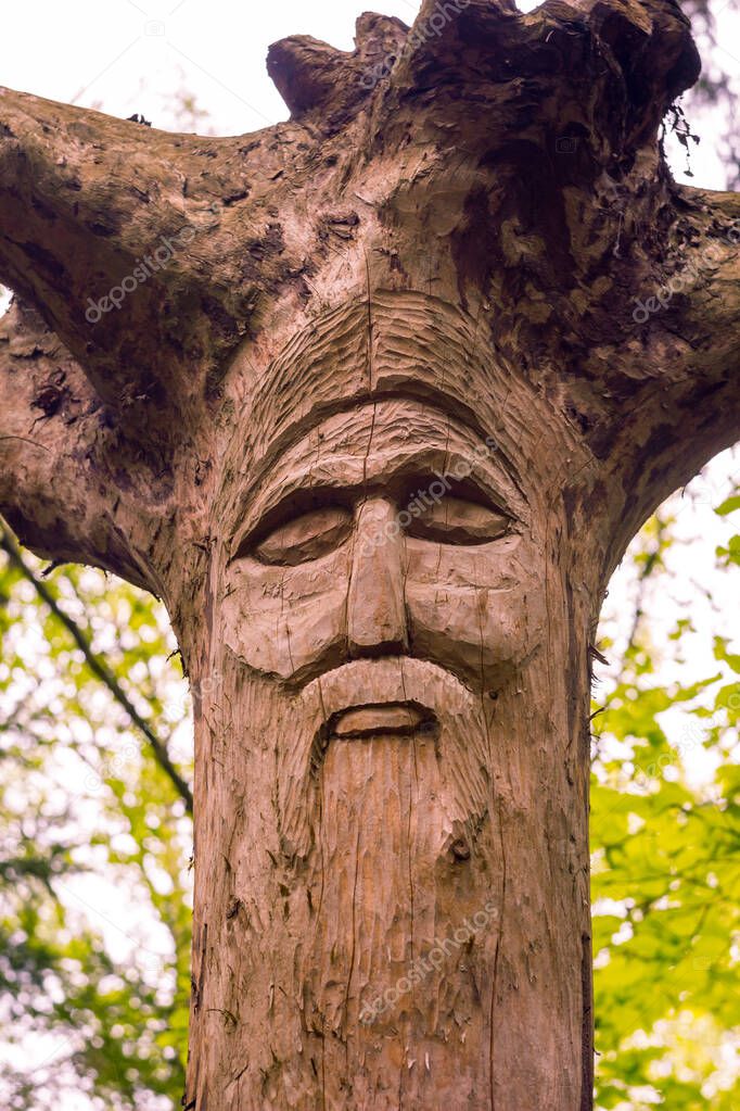 The image of the Slavic deity Veles carved from root of a tree on a neo-Pagan temple in the forest. Kaluzhskiy region, Russia. Veles - the god of cattle breeding, wealth and wisdom