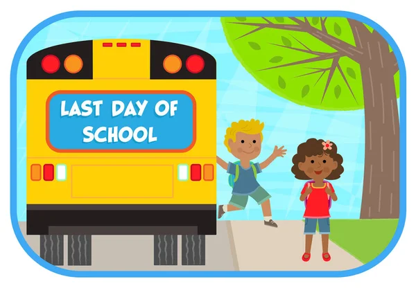 Two Cheerful Children Getting School Bus Says Last Day School — Stock Vector