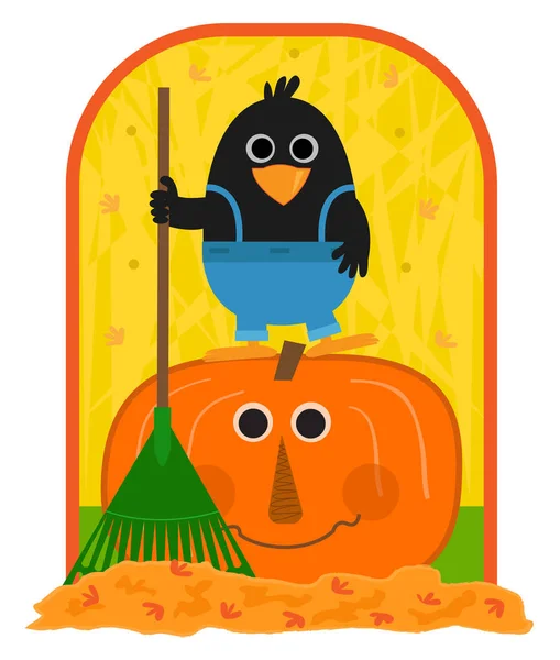 Mignon Clip Art Corbeau Tenant Râteau Debout Sur Une Citrouille — Image vectorielle