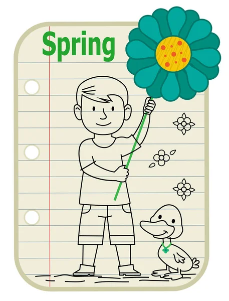 Line Drawing Boy Holding Sign Flower Duck Standing Next Him — Stock Vector