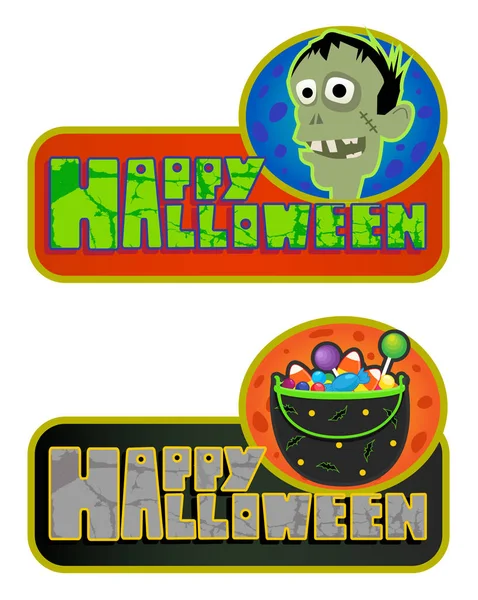 Deux Signes Heureux Halloween Avec Zombie Bol Avec Des Bonbons — Image vectorielle