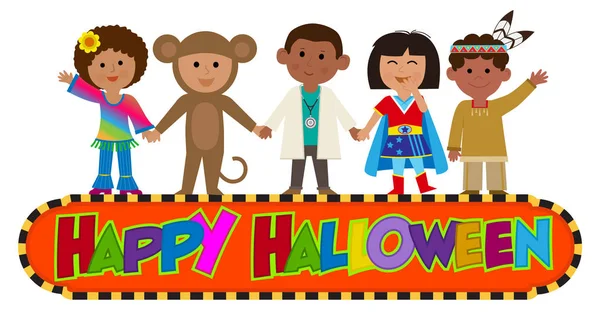 Happy Halloween Banner Kids Wearing Costumes Eps10 — Stock Vector