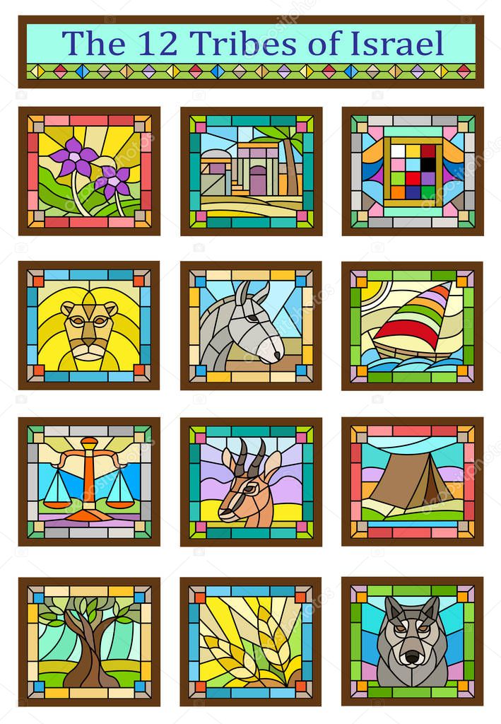 Stained glass design of the 12 tribes of Israel. Eps10