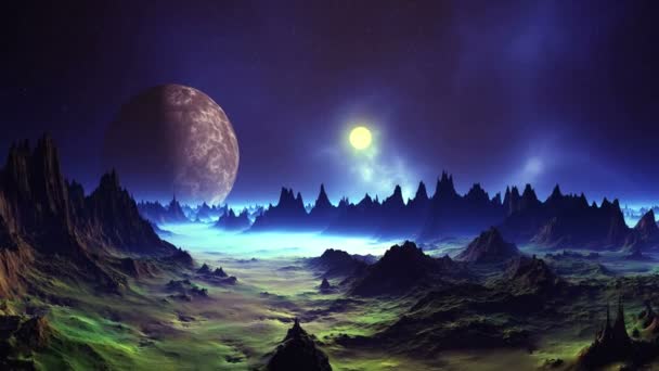 Coucher de soleil sur un fond de nébuleuse. Le soleil blanc se couche sur l'horizon brumeux. Planète étrangère (lune) tourne dans un ciel étoilé sombre. Un épais brouillard bleu se trouve dans les vallées parmi les roches sombres . 