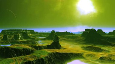 Günbatımı ve Ufo yabancı gezegende. Parlak güneş mavi puslu ufka doğru ilerliyor. Karanlık yıldızlı gökte, nebula. Parlak kırmızı nesne (Ufo) hızlı bir şekilde karanlık ayın yaklaşıyor. Çim ve derin göller ile kaplı karanlık kayalar Ovası arasında. 