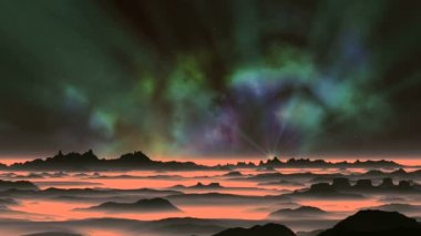 Parlayan yıldız ve güzel bulutsu. Bir büyük yıldızlı gökyüzü üzerinde parlak bir yıldız ve güzel bir bulutsu ışınları. Karanlık kayalar arasında yoğun, parlak pembe sis standı. 