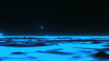 UFO uzaylı mavi gezegen üzerinde. Parlak parlak nesneleri (Ufo) hızlı bir şekilde mavi parlayan sis ile kaplı tepeler üzerinde uçmak. Karanlık gökyüzünde parlak yıldız. 
