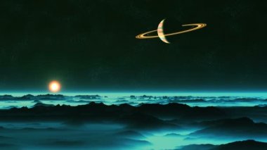 Enceladus Sunrise. Karanlık yıldızlı gökte, Satürn. Parlak bir uzak güneş doğar sisli ufukta rengi değişir. Gezegenin karanlık tepeler ile mavi yoğun bir aydınlık sis kaplı. 