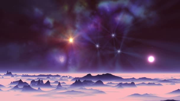 夕日とカラフルな星雲 広大な暗い空のカラフルな星雲の明るい放射星 エイリアンの惑星の砂漠の風景を覆っているピンクの濃霧でゆっくりと沈んで Halo の白い太陽 — ストック動画
