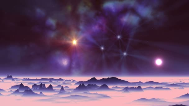 Coucher de soleil et nébuleuse colorée. Dans le vaste ciel sombre nébuleuse colorée et étoiles brillantes rayonnantes. Soleil blanc dans un halo s'enfonçant lentement dans le brouillard rose épais qui recouvre le paysage désertique de la planète étrangère .