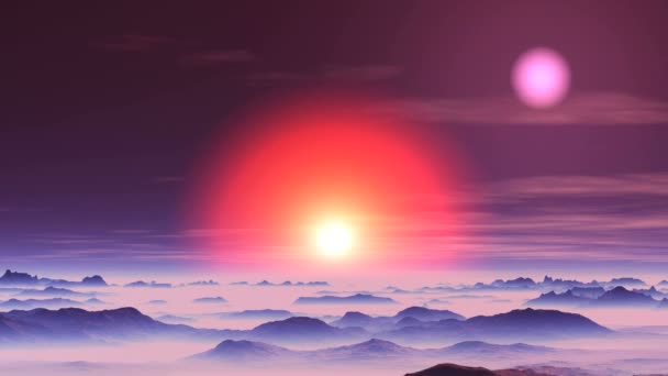 Sunset Two Suns Alien Planet Sol Amarillo Brillante Halo Rojo — Vídeos de Stock