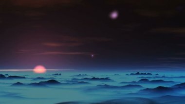 Düşen Ufo. Beyaz parlak nesne yavaş yavaş yabancı gezegenin yüzeyine düşer. Karanlıkta gökyüzü parlak bir yıldız, batan güneşin ufuk ve nadir bulutlar üzerinde. Kara Tepeler yoğun bir mavi sis ile kaplı.