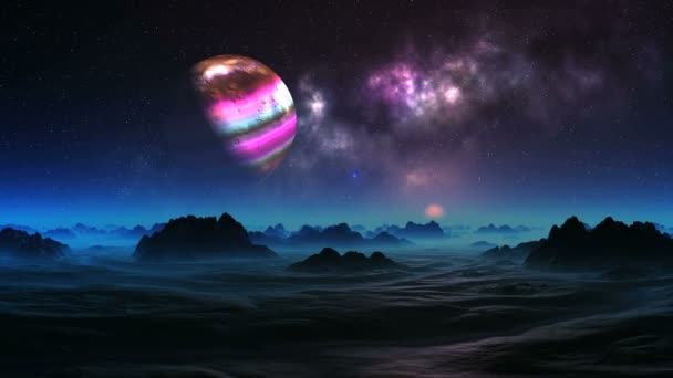 Красочная Луна Над Инопланетной Планетой Темном Звездном Небе Большая Туманность — стоковое видео